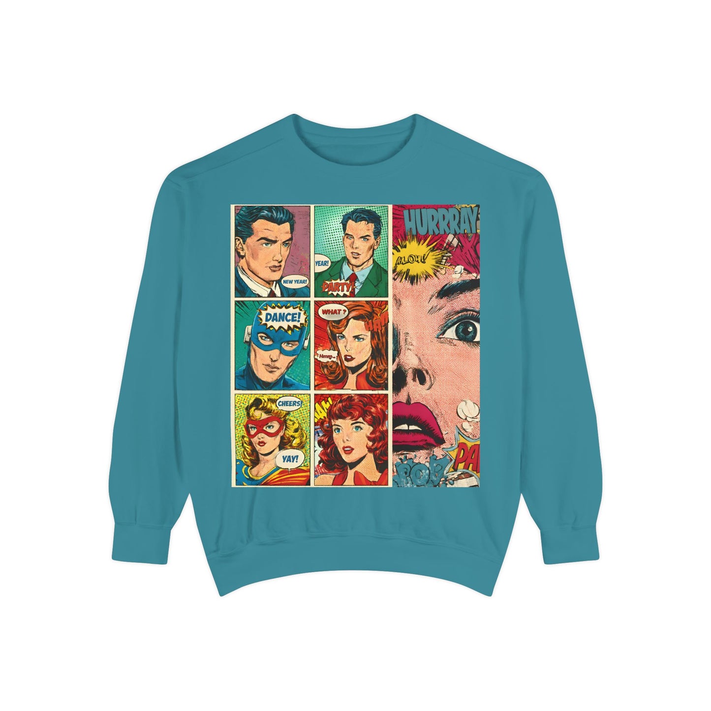Comic Pop Art Sweatshirt — Retro Romance and Party Panels Graphic Pullover