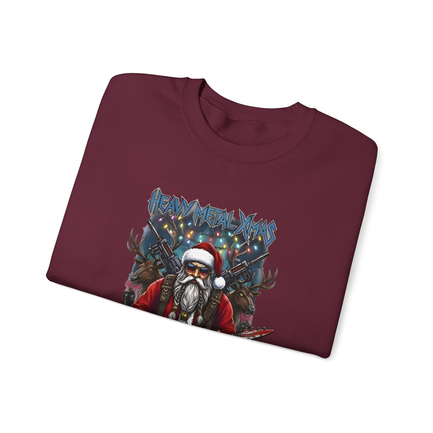 Maroon Rock n Roll Santa sweatshirt folded guitar design