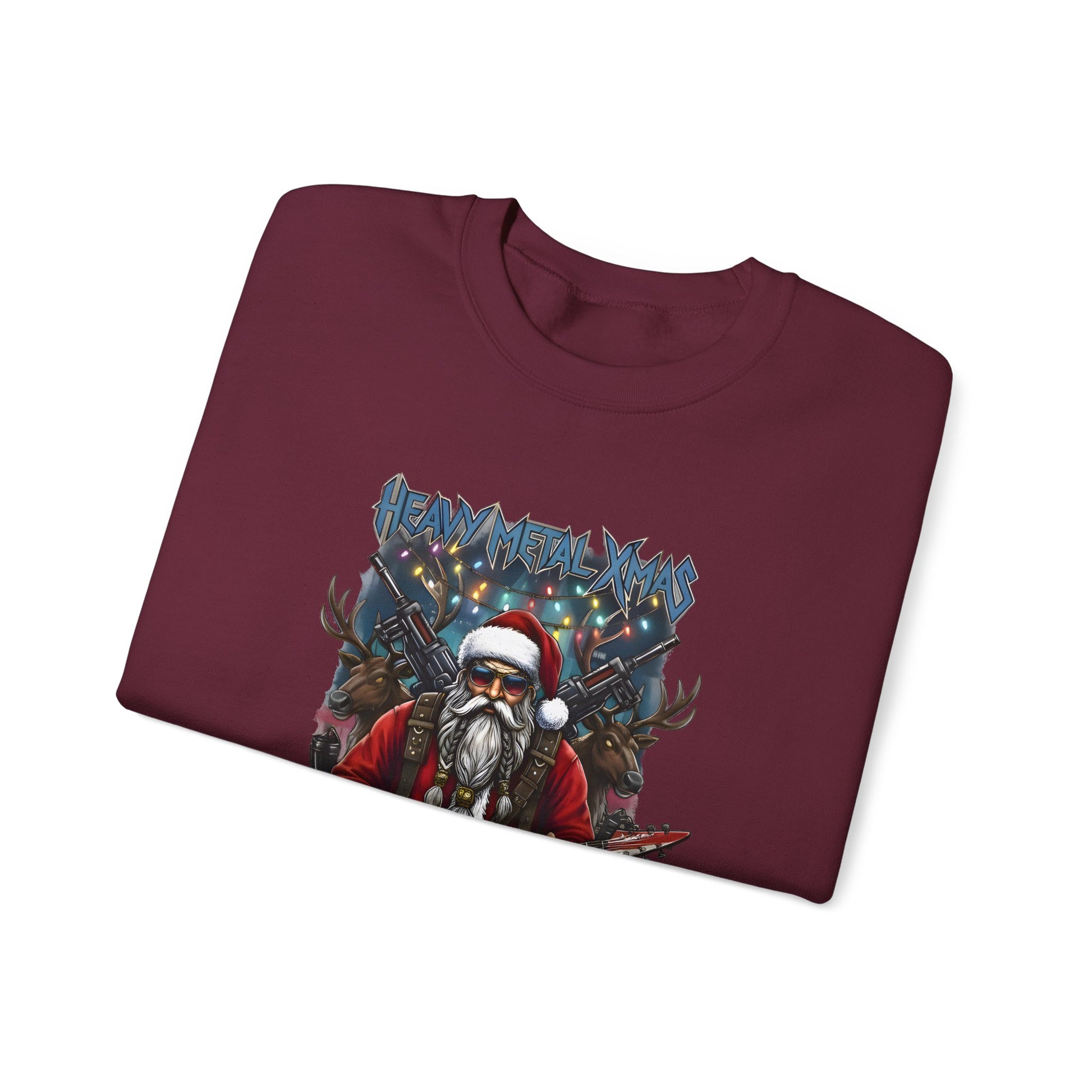 Maroon Rock n Roll Santa sweatshirt folded guitar design