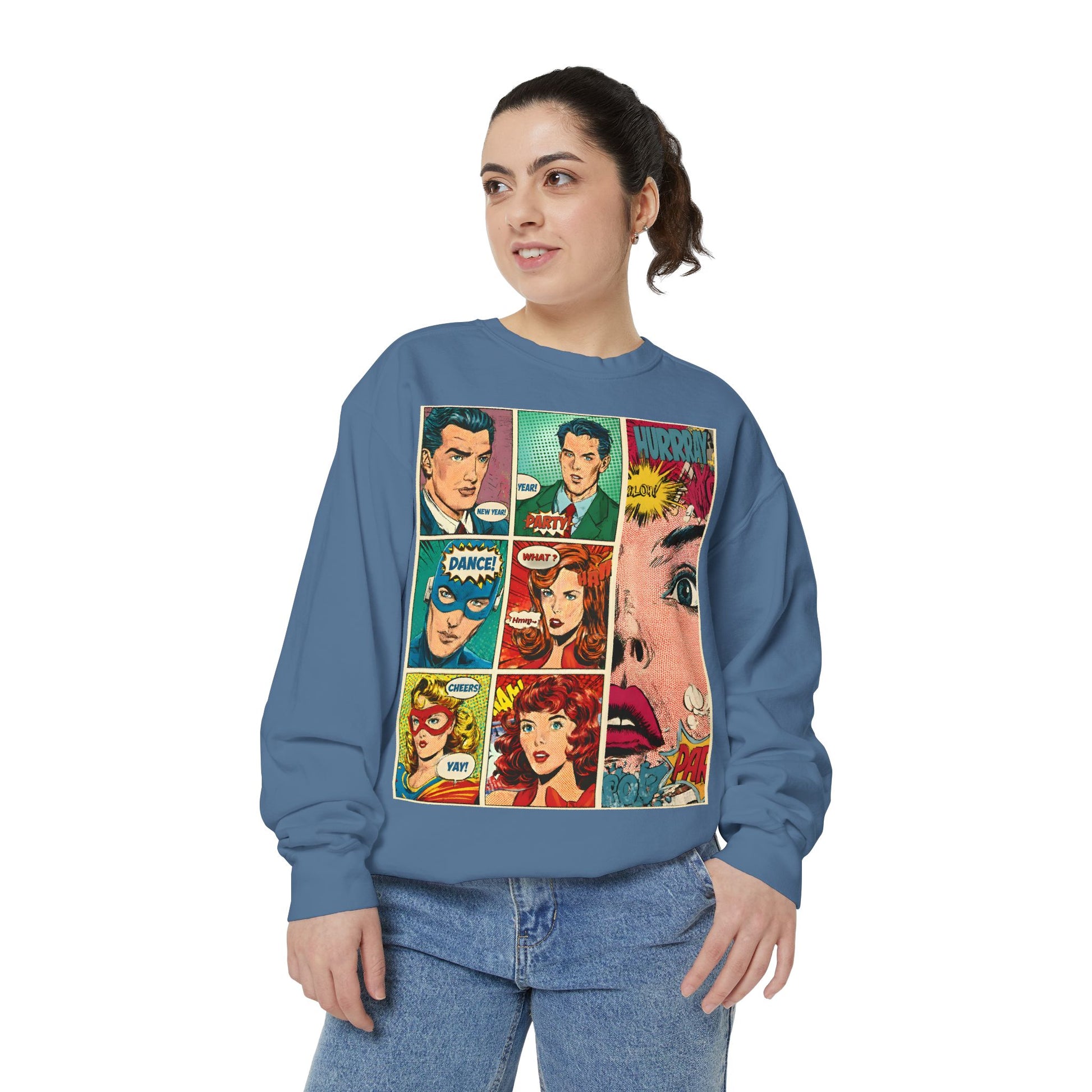 Person wearing a blue sweatshirt with comic book character design on a white background