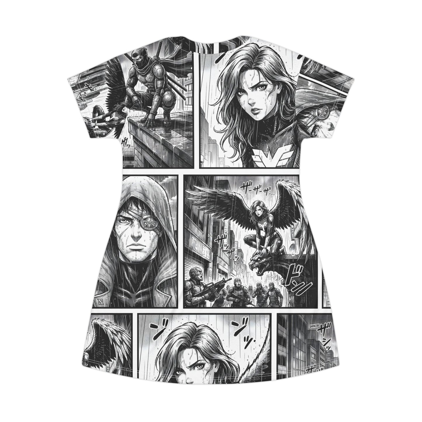 T-shirt with comic book-style superhero graphics on a white background