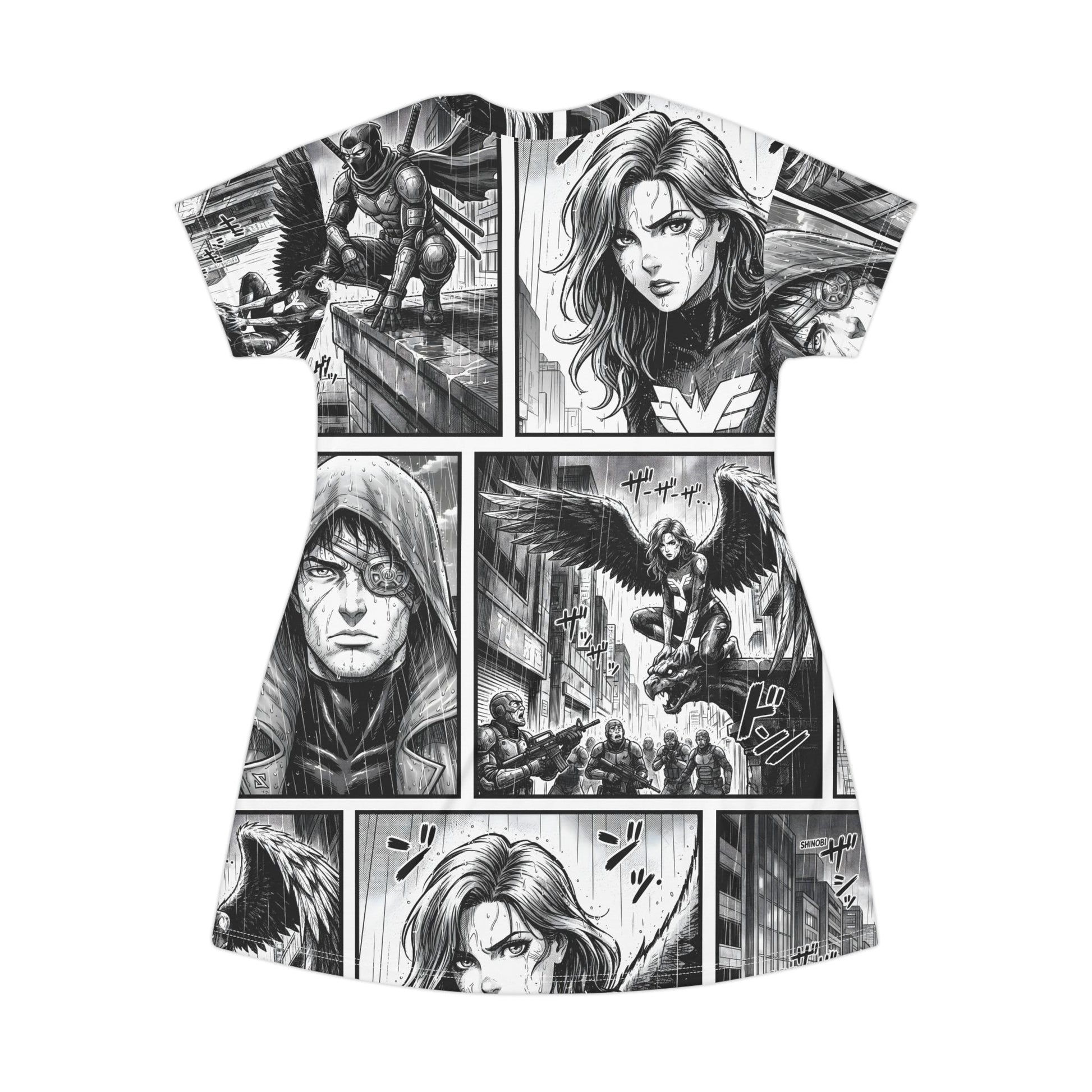 T-shirt with comic book-style superhero graphics on a white background