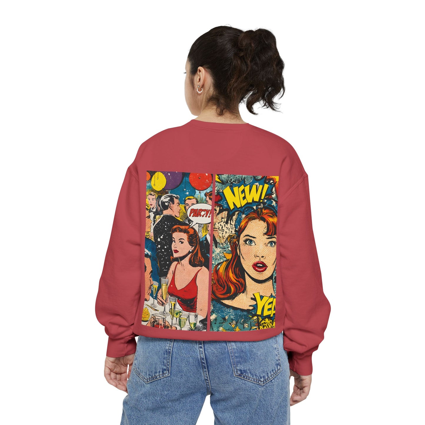 Comic Pop Art Sweatshirt — Retro Romance and Party Panels Graphic Pullover