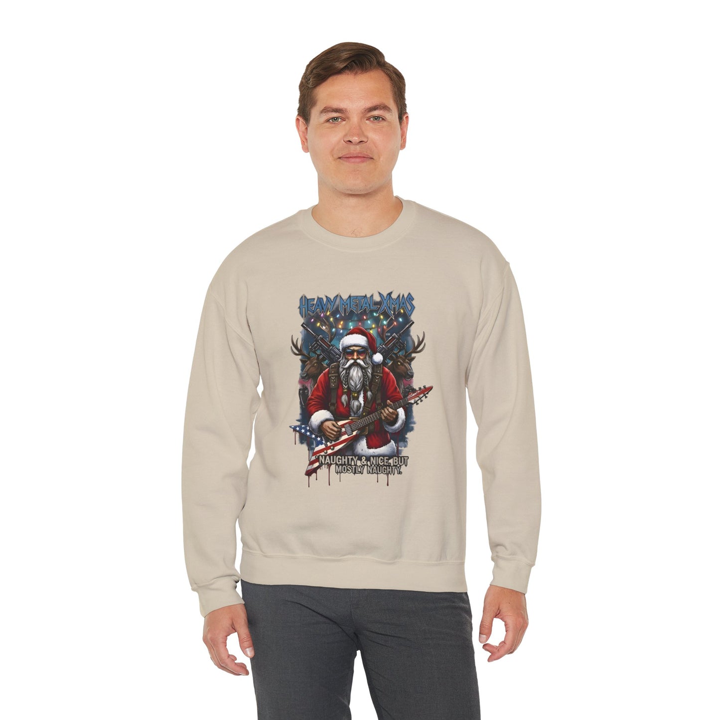 Man wearing beige Heavy Metal Christmas Santa crewneck