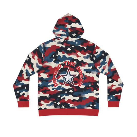 Red, Blue, and White Camouflage Hoodie with Star and 'Defend the Dream' graphic.