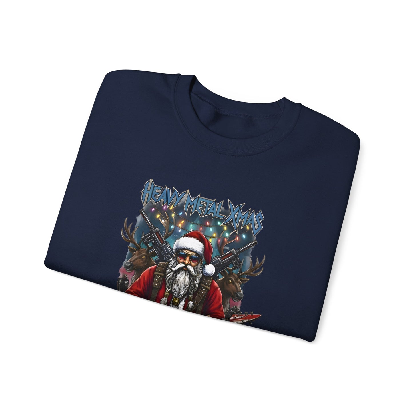 Navy Rock n Roll Santa sweatshirt folded guitar guns design