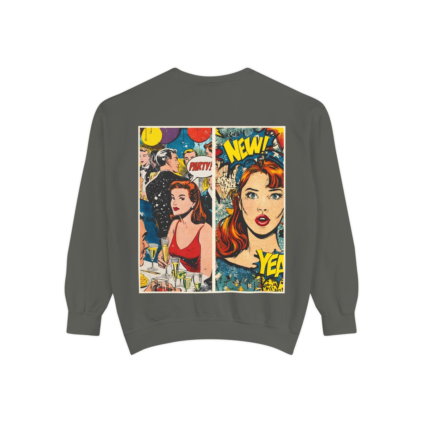Gray sweatshirt with a colorful graphic design on the back featuring two women and text.