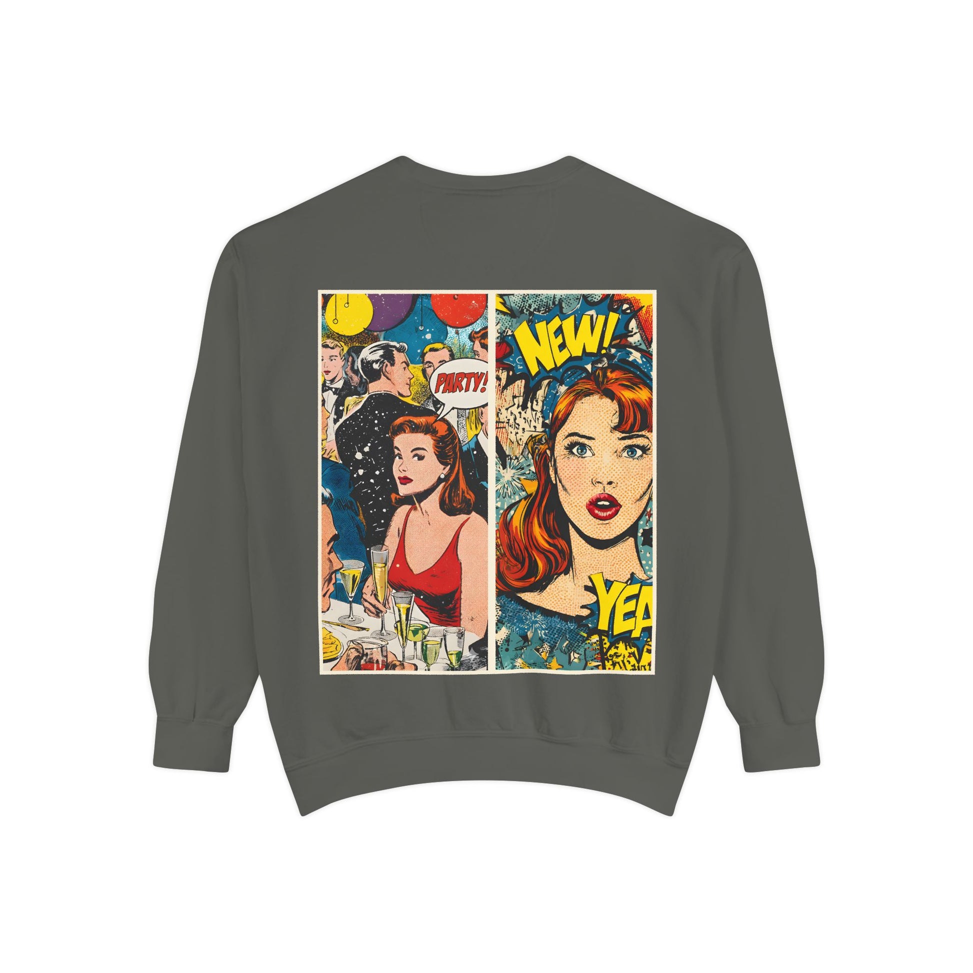 Gray sweatshirt with a colorful graphic design on the back featuring two women and text.