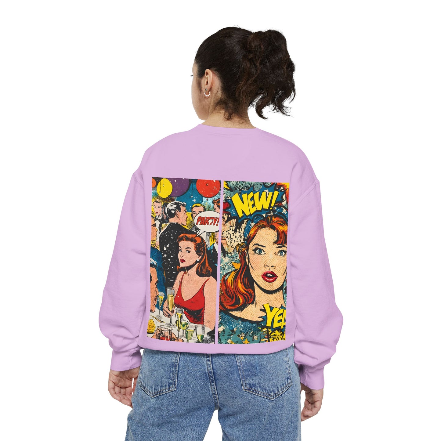 Comic Pop Art Sweatshirt — Retro Romance and Party Panels Graphic Pullover