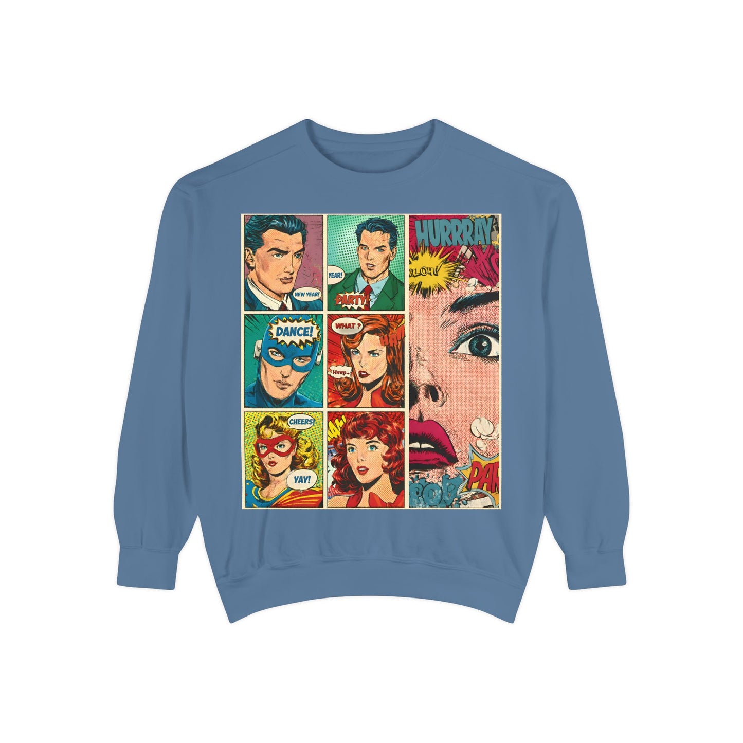 Blue sweatshirt with comic book-style graphics on a white background