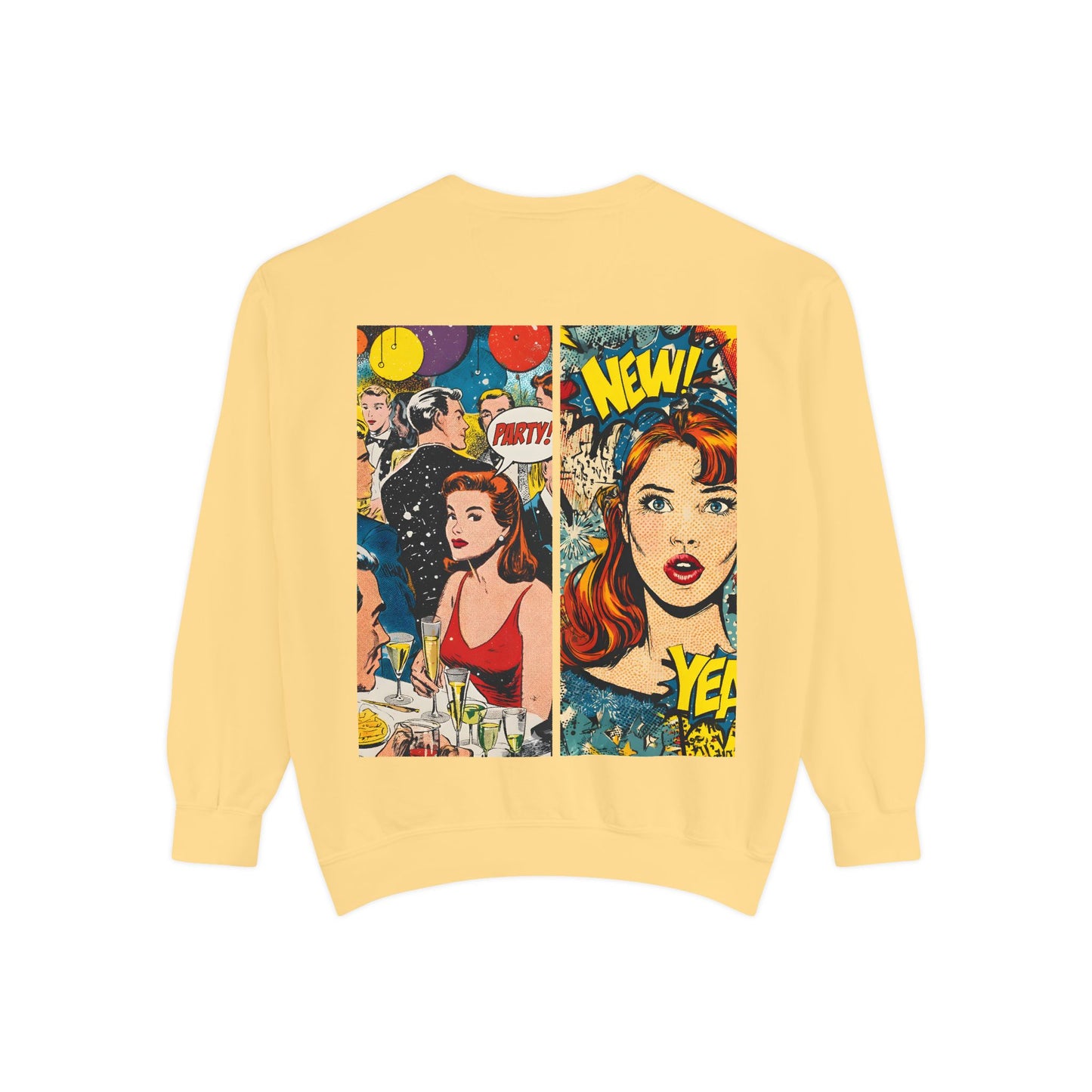 Comic Pop Art Sweatshirt — Retro Romance and Party Panels Graphic Pullover