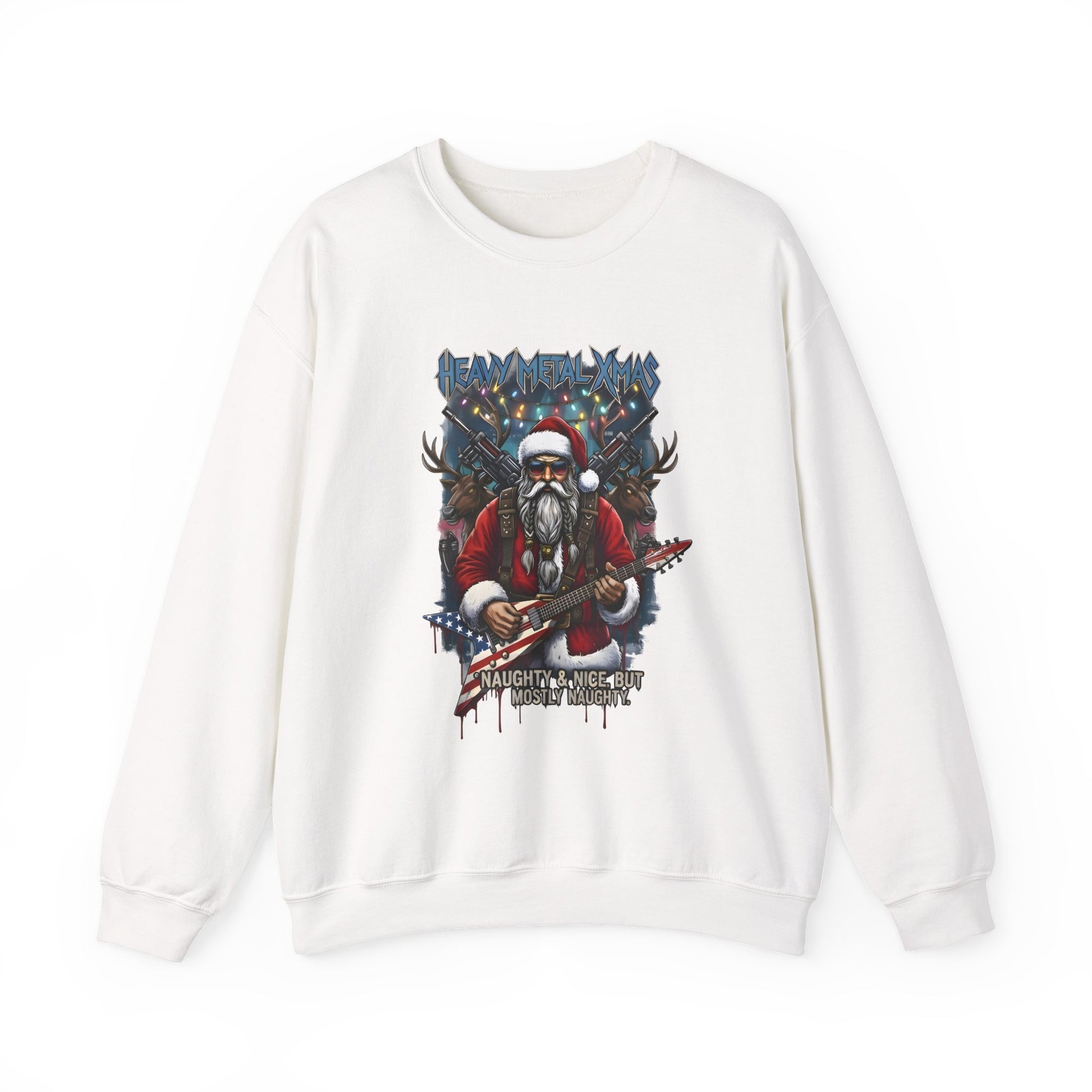 White Rock n Roll Santa sweatshirt guitar reindeer graphic