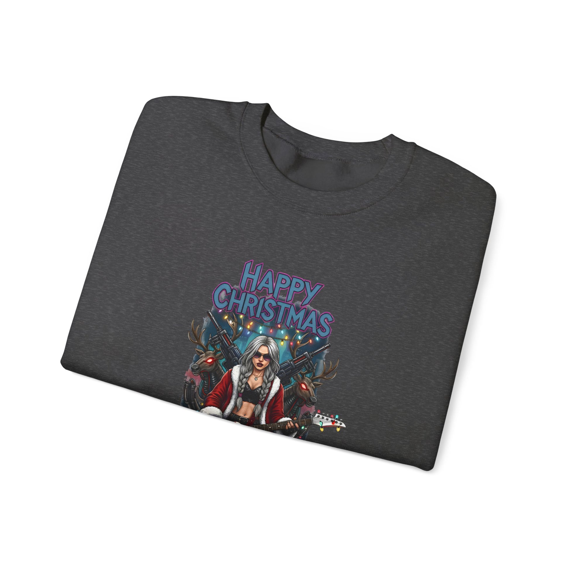 Folded dark gray sweatshirt Happy Christmas  Santa Claus American girl rock and roll