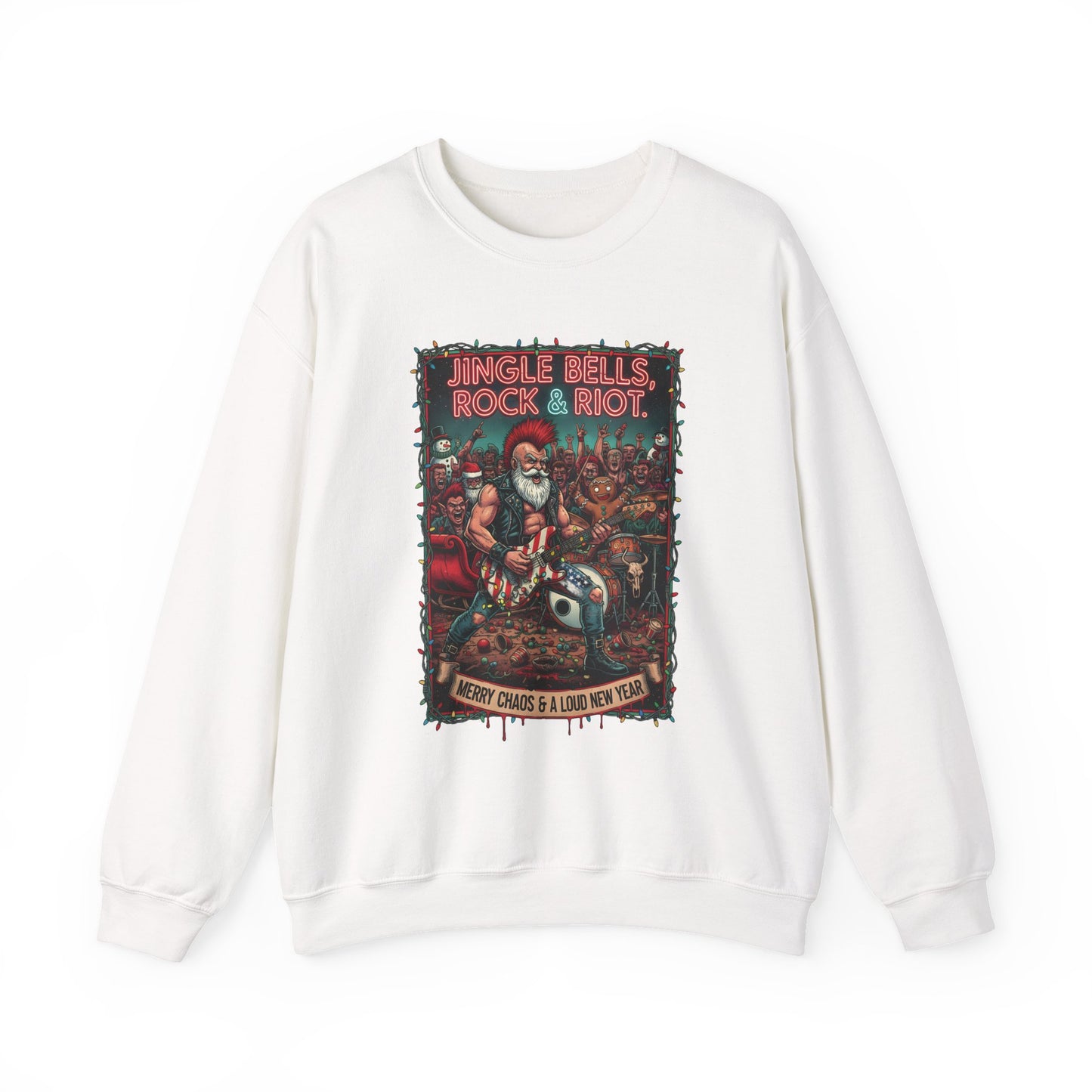 White Rock & Riot Christmas sweatshirt front with Santa poster