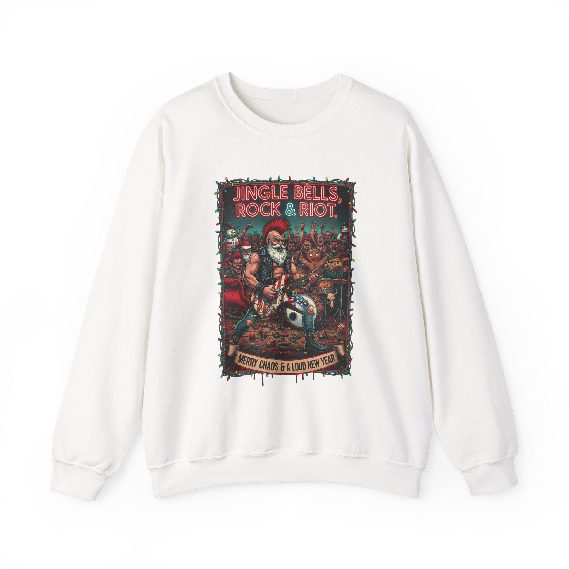 White Rock & Riot Christmas sweatshirt front with Santa poster