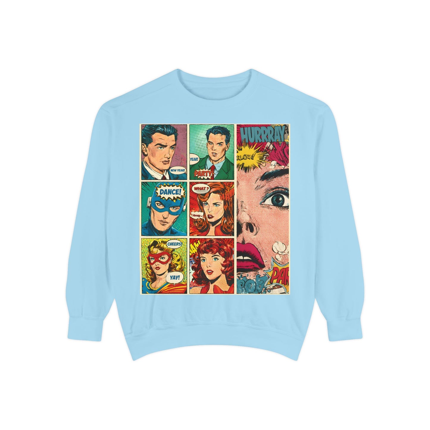 Light blue sweatshirt with comic book-style graphics on a white background