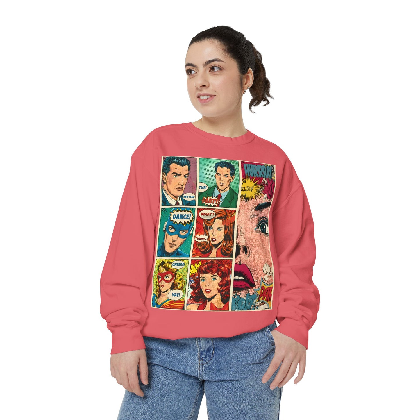 Person wearing a pink sweatshirt with comic book character designs on a white background