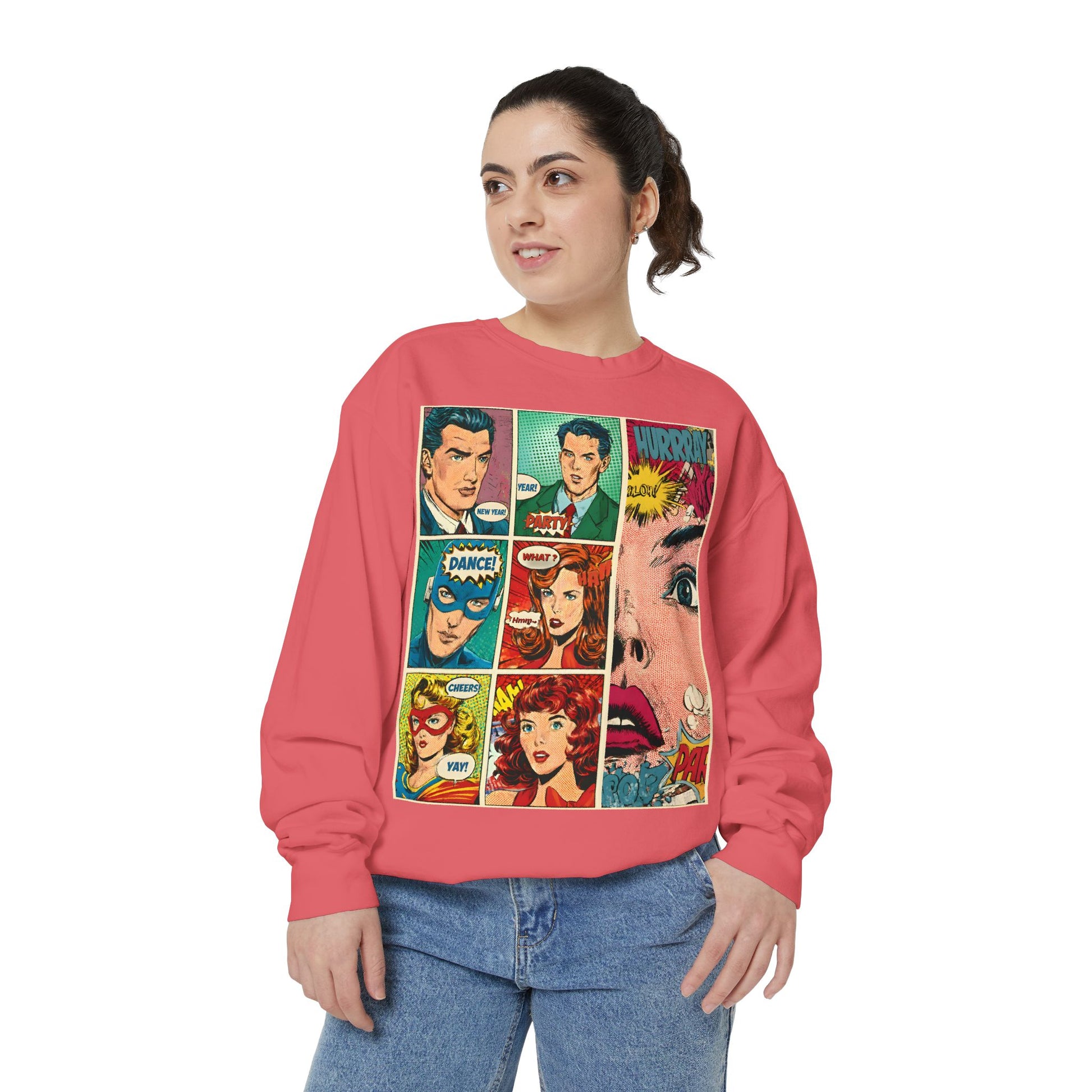 Person wearing a pink sweatshirt with comic book character designs on a white background