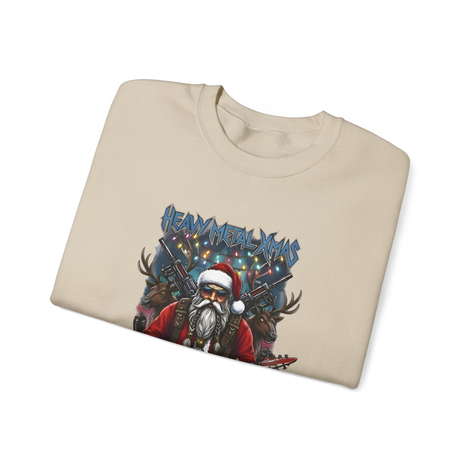 Beige Rock n Roll Santa sweatshirt folded guitar design