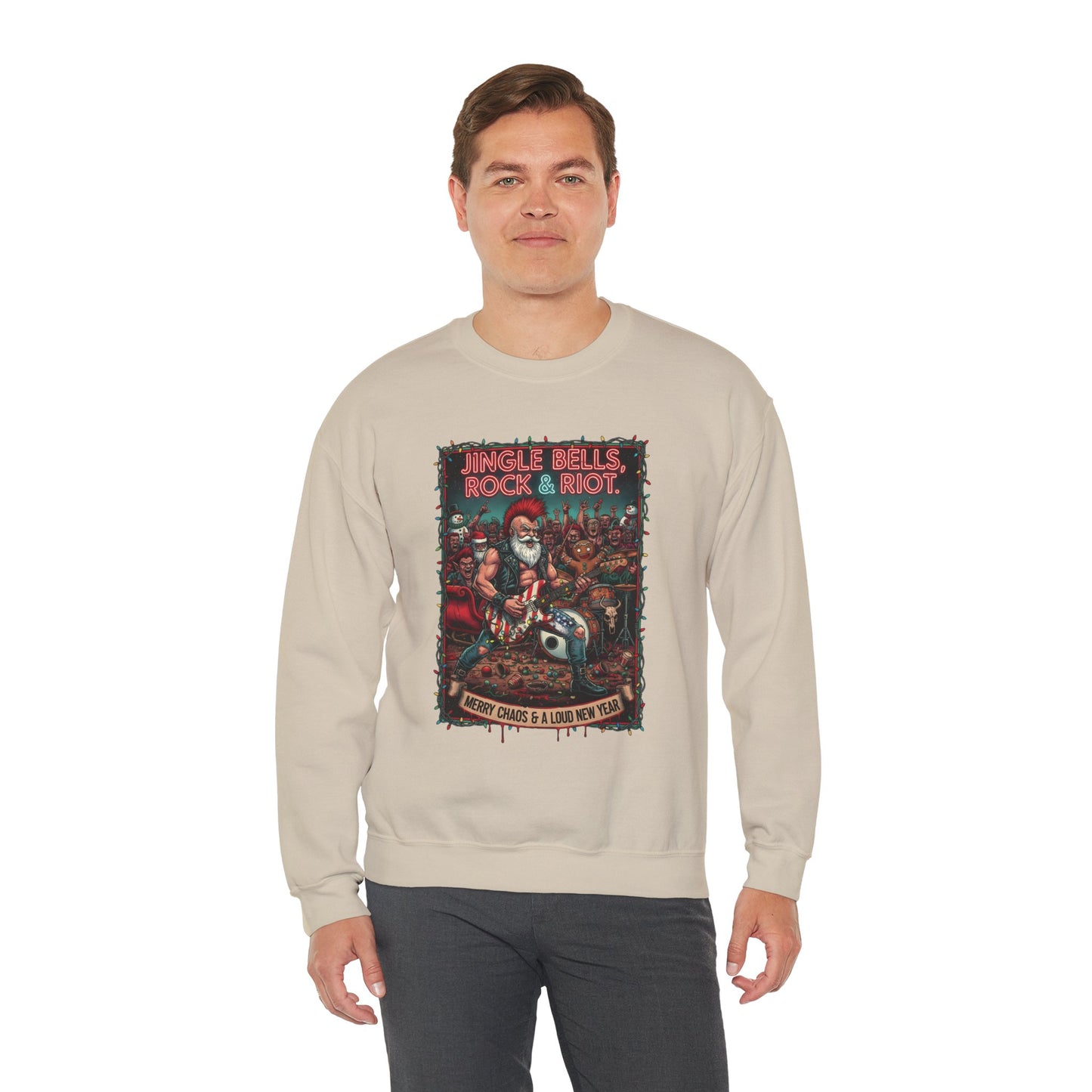 Man wearing beige Rock & Riot Merry Chaos sweatshirt