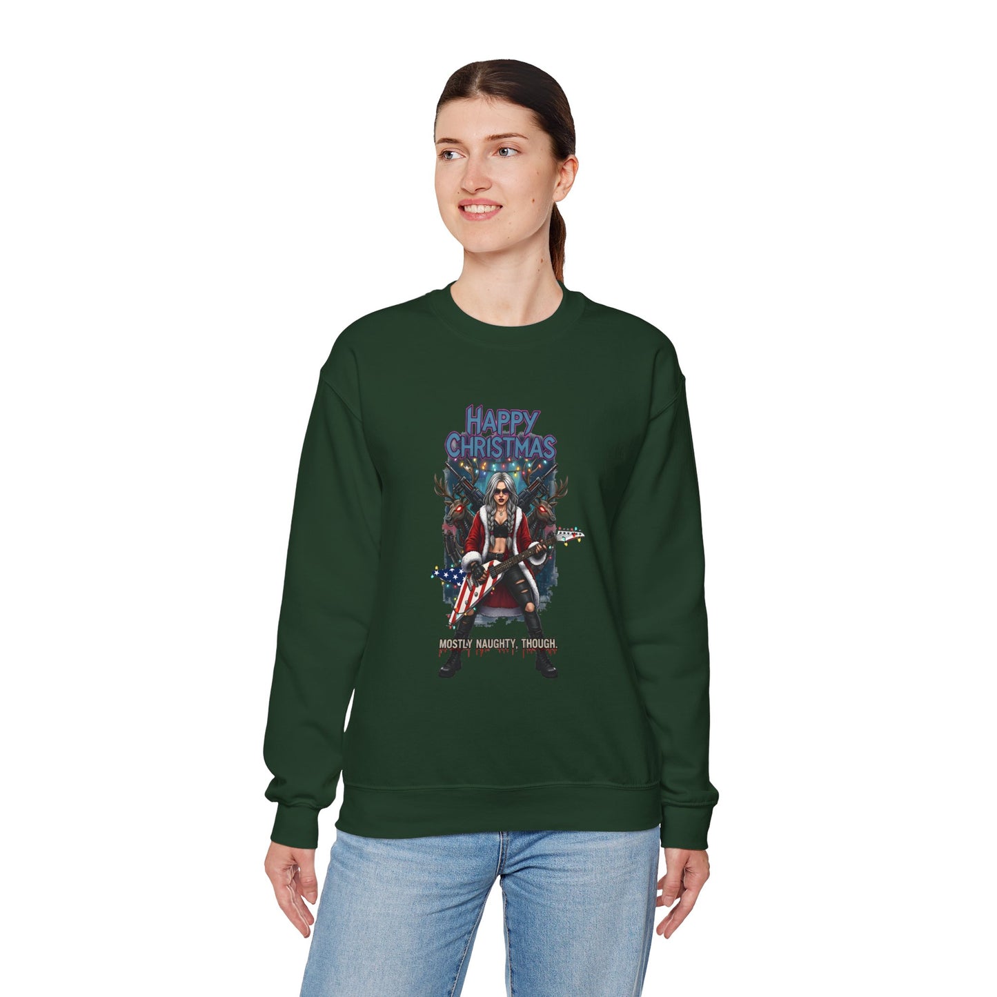 Girl wearing sweatshirt  Santa Claus girl American heavy metal guitar reindeer guns Happy Christmas text