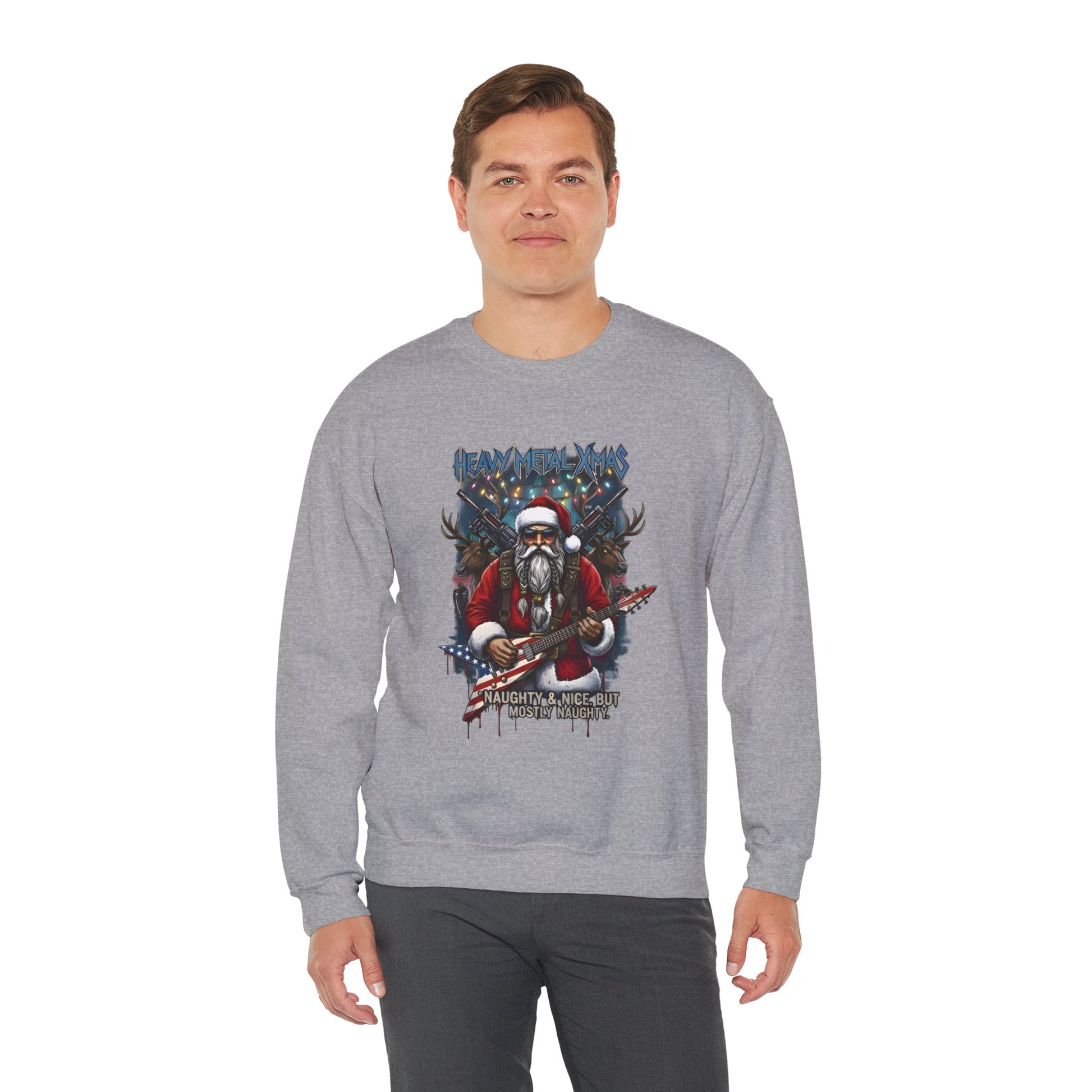 Man wearing grey Heavy Metal Christmas Santa crewneck