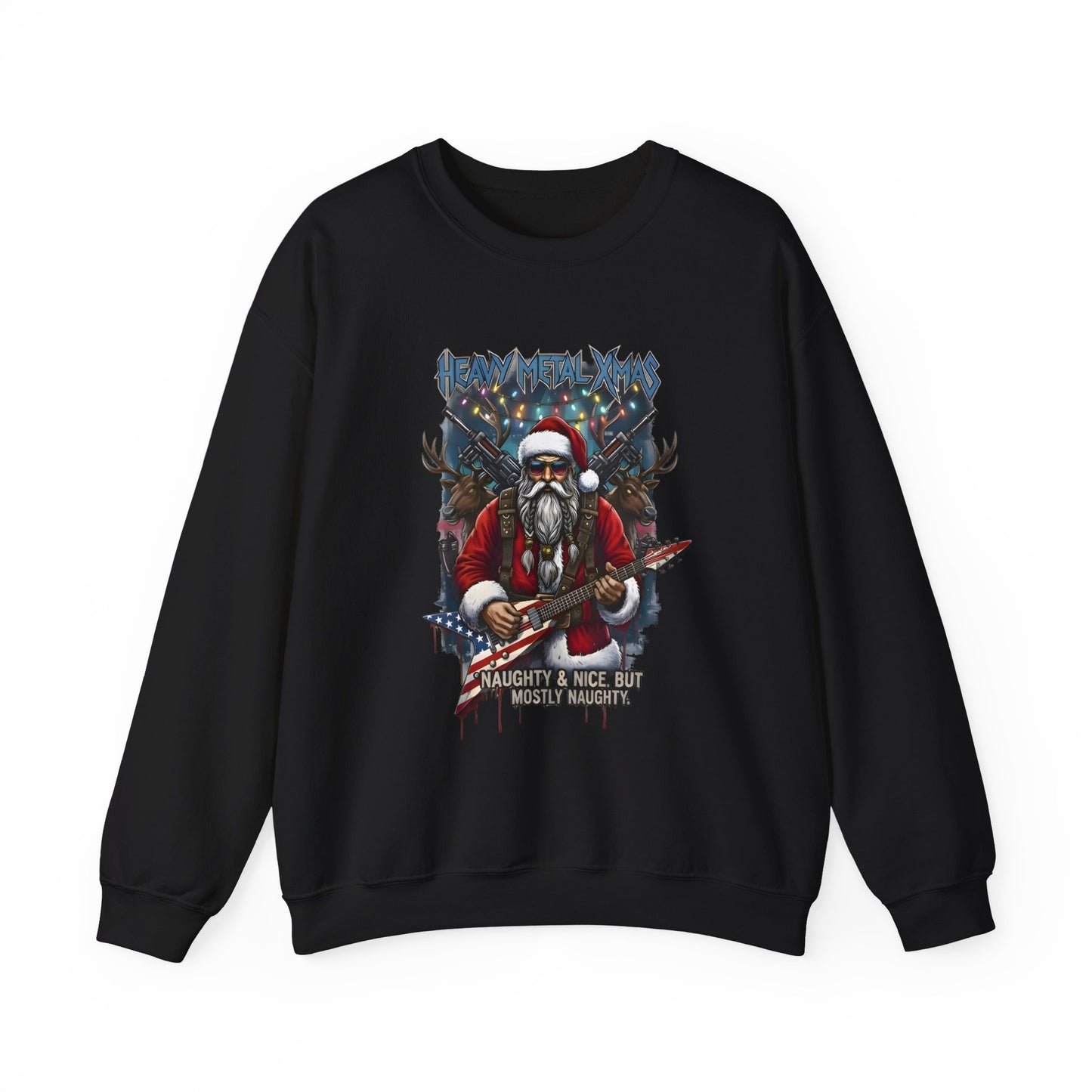 Black Rock n Roll Santa sweatshirt guitar reindeer graphic