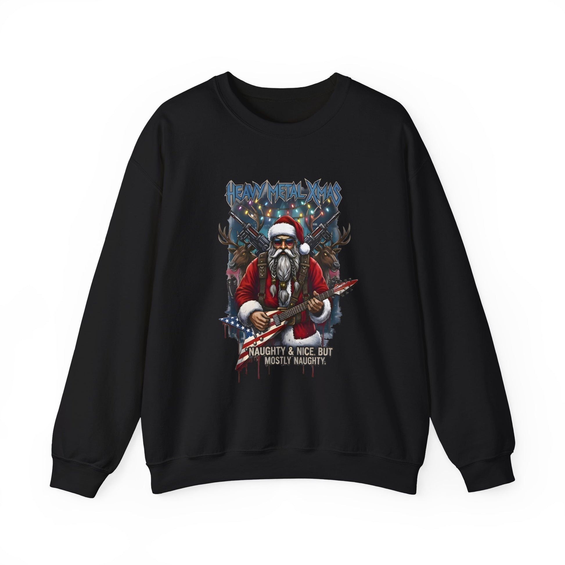 Black Rock n Roll Santa sweatshirt guitar reindeer graphic