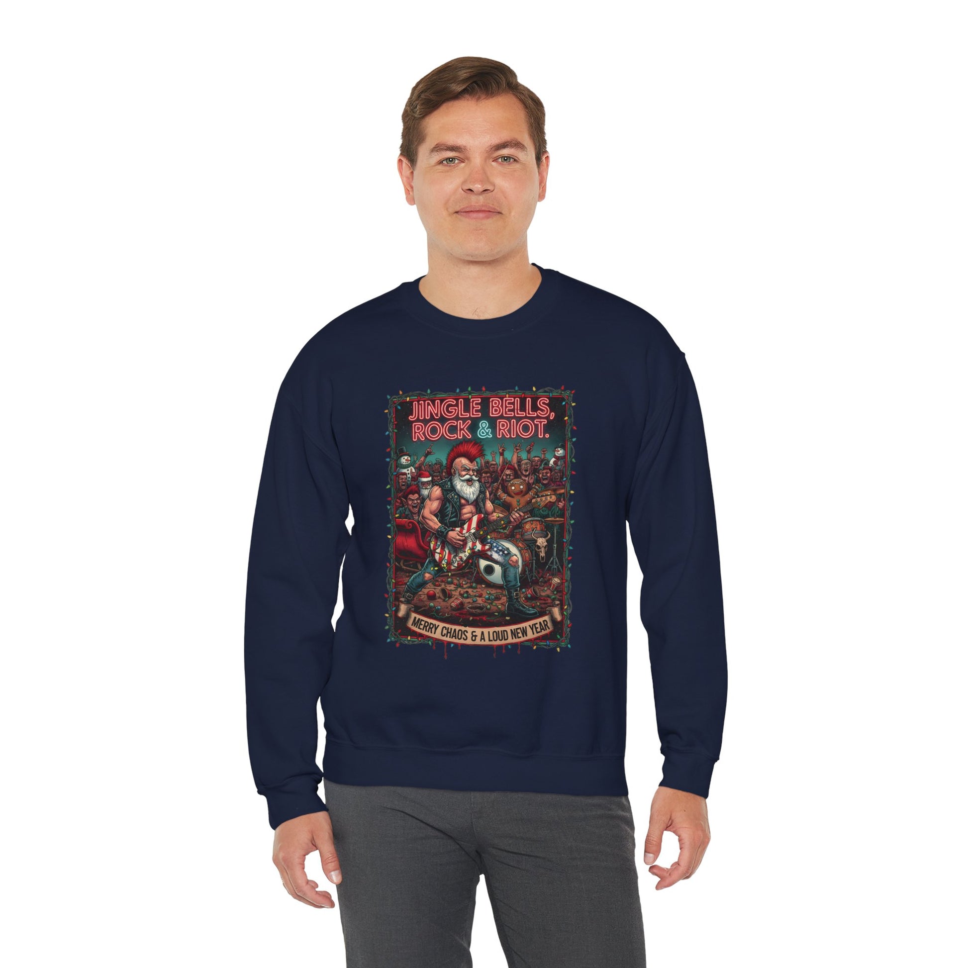 Man wearing navy Rock & Riot Merry Chaos sweatshirt