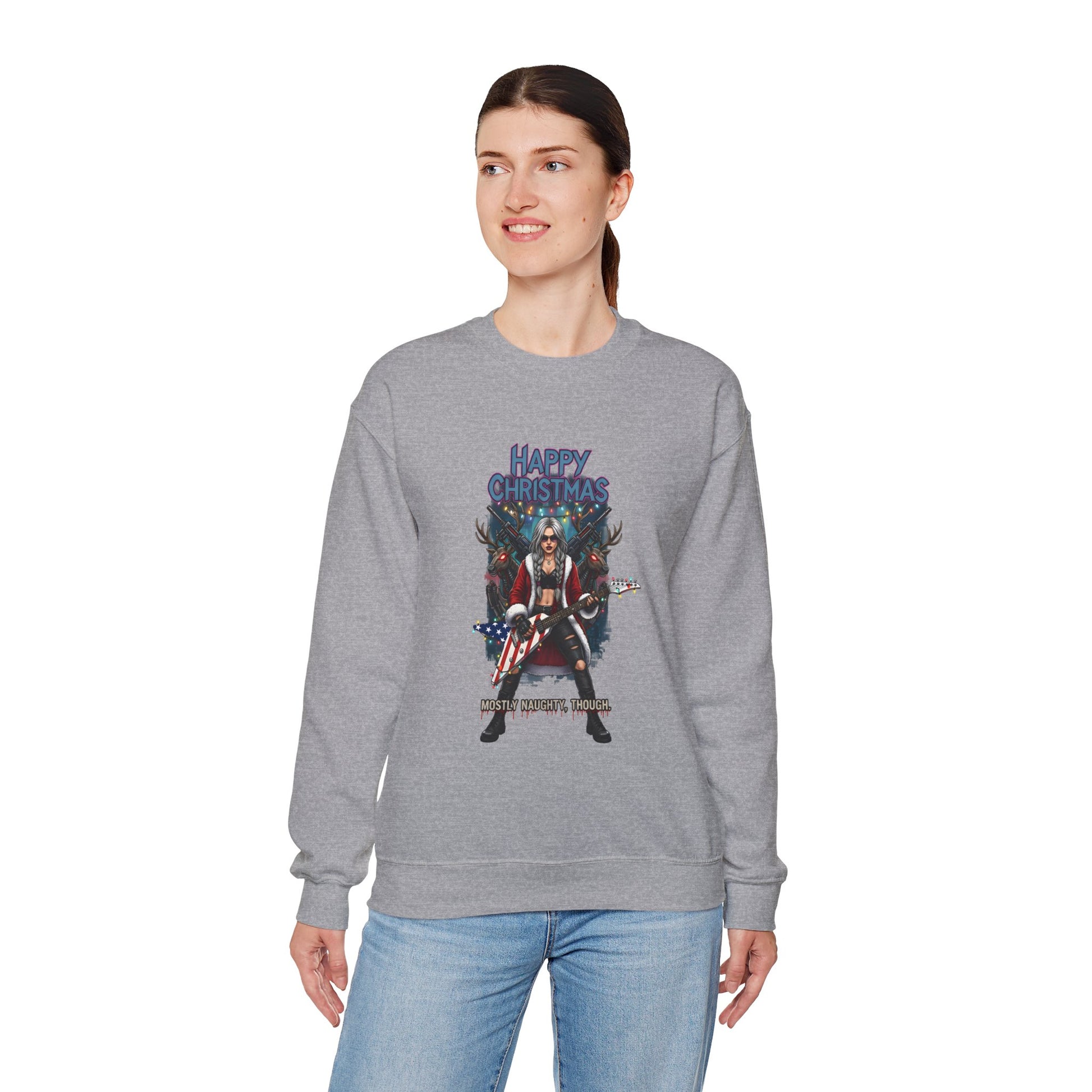 Grey sweatshirt Santa Claus girl  American heavy metal guitar 