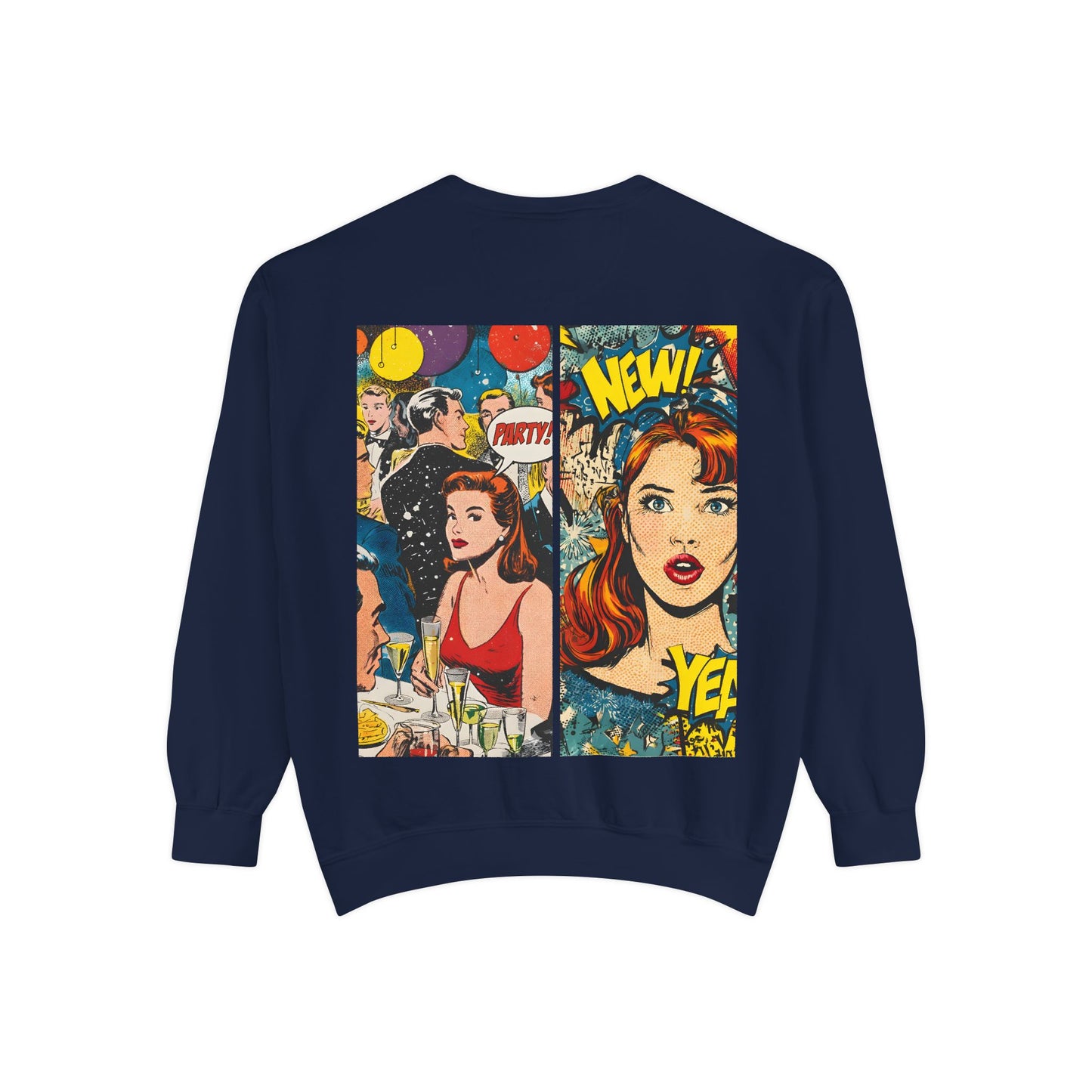Comic Pop Art Sweatshirt — Retro Romance and Party Panels Graphic Pullover