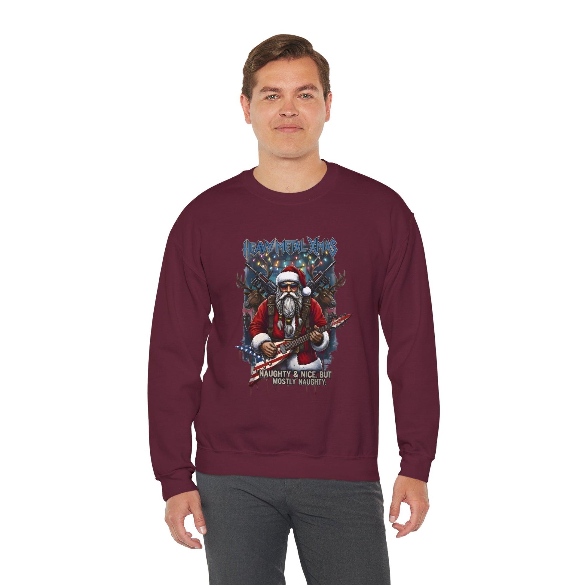 Man wearing maroon Heavy Metal Christmas Santa crewneck