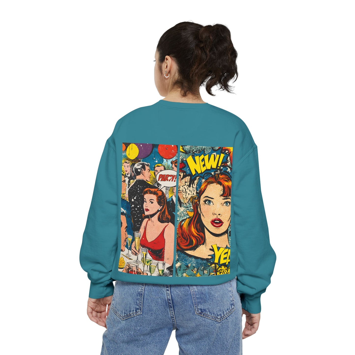 Comic Pop Art Sweatshirt — Retro Romance and Party Panels Graphic Pullover