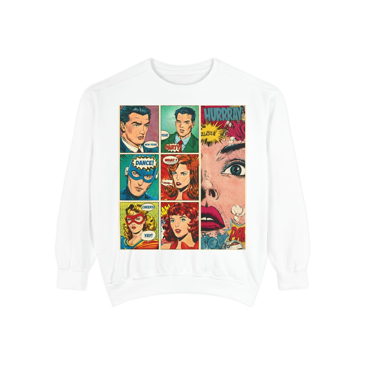 White sweatshirt with comic book character design on a white background