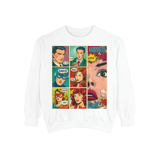 White sweatshirt with comic book character design on a white background