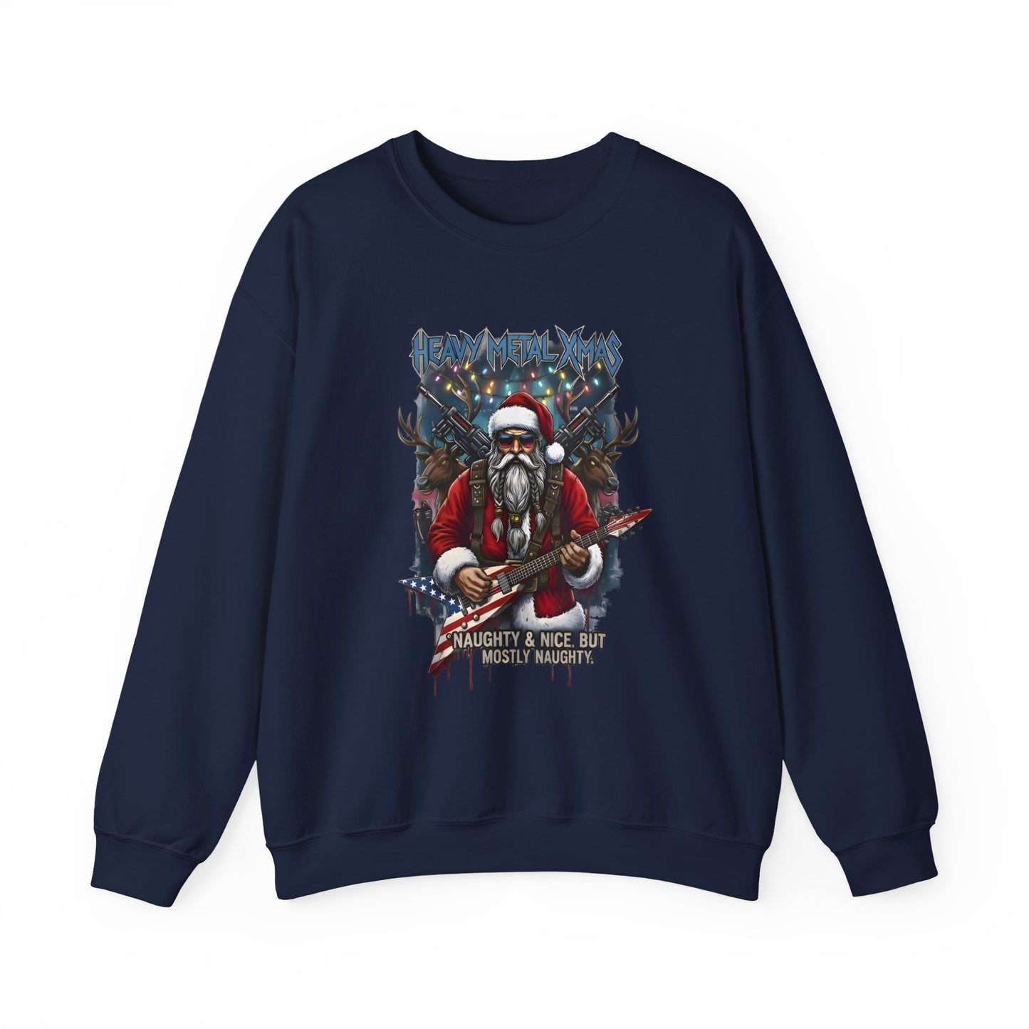 Navy Rock n Roll Santa sweatshirt guitar reindeer graphic