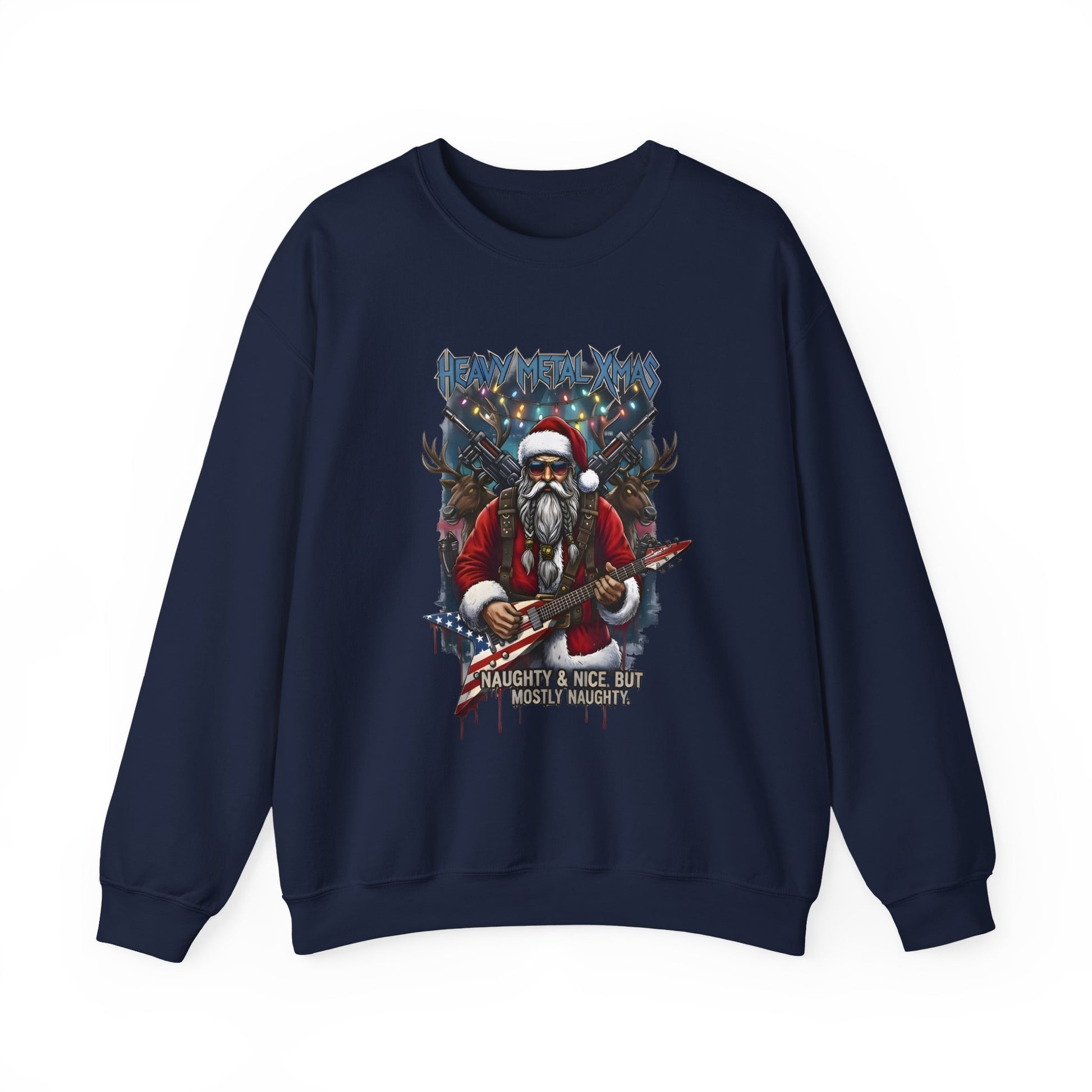 Navy Rock n Roll Santa sweatshirt guitar reindeer graphic